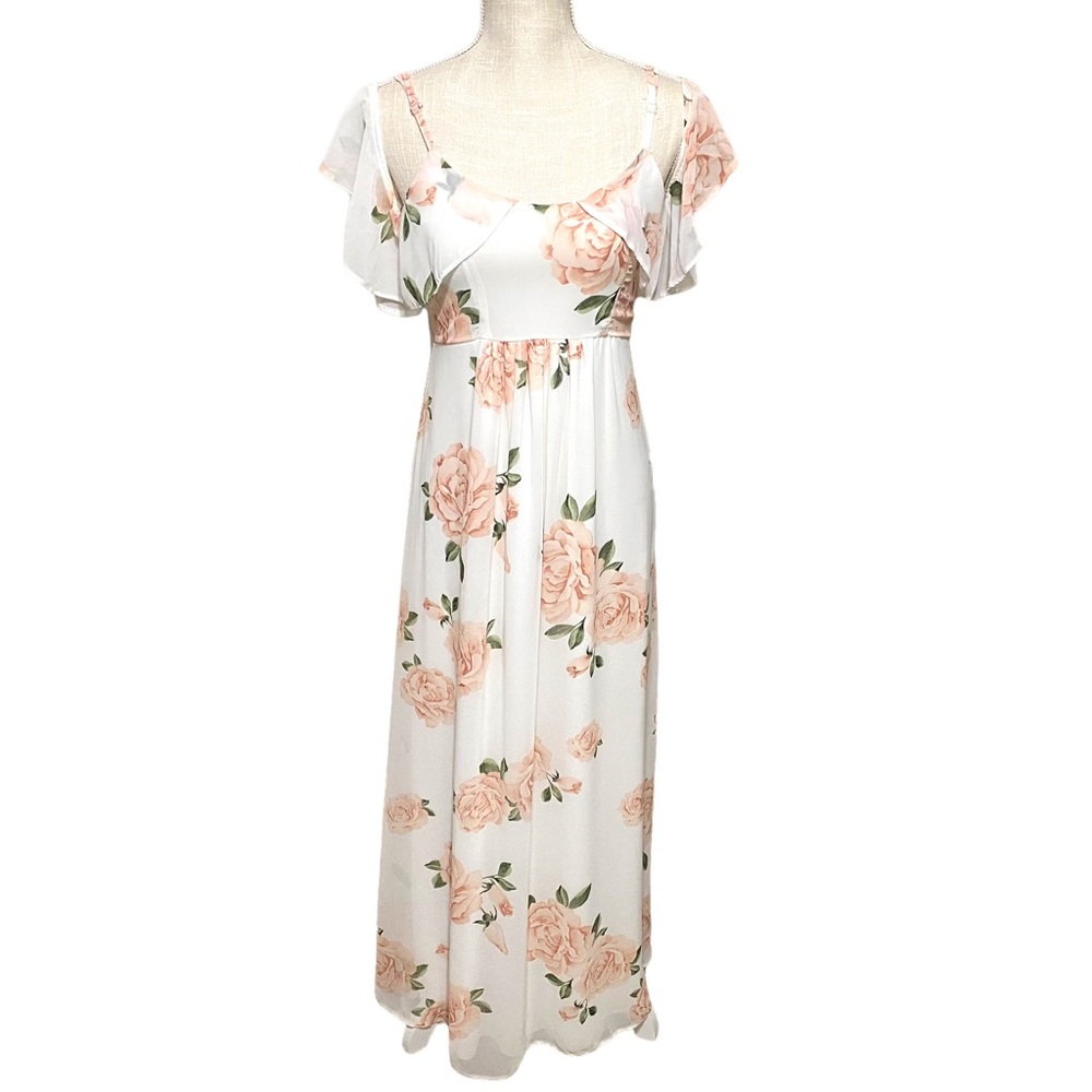 Pink & White Floral Off the Shoulder Maxi Dress